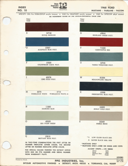 Farbtabelle Ford 1968